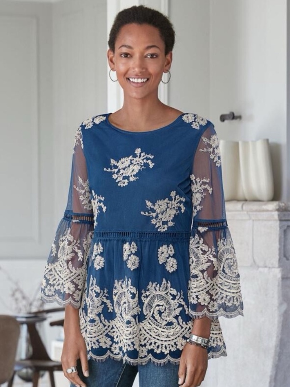 SUNDANCE Fleur de Bloom Top with Cream Floral Embroidery